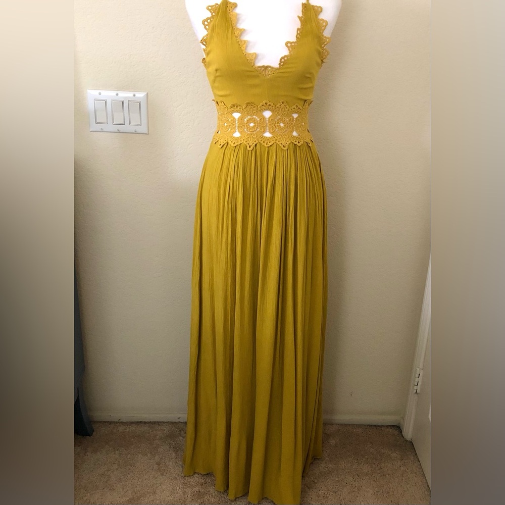 Lulu's Mustard See Through Lace Accent Maxi Dress
